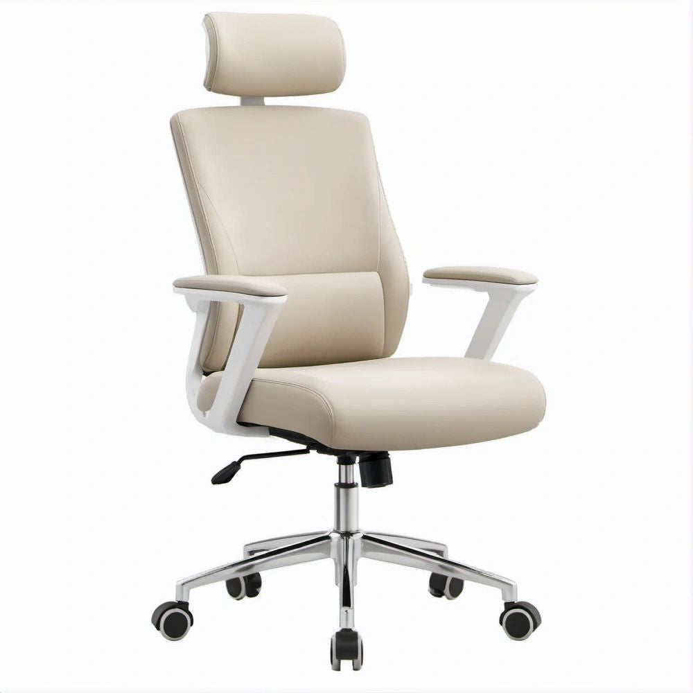 Ergonomischer Chefsessel mit Kopfstütze aus PU-Kunstleder, Cremeweiß, 66 x 66 x 118–128 cm