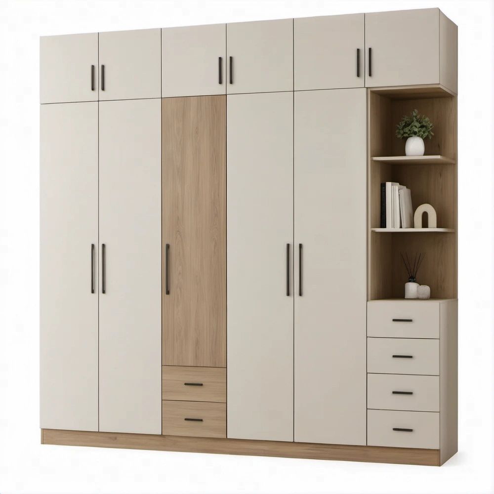 Drehtürenschrank in Beige und Eiche-Dekor, 250 x 52 x 240 cm, mit 10 Türen, 6 Schubladen und offenem Regal