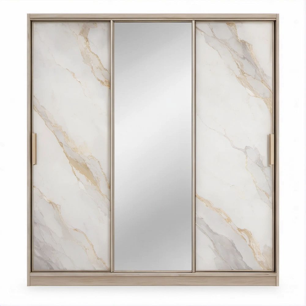 Schiebetürenschrank mit 3 Türen und Spiegel, Weiß/Beige/Silber, 180 x 60 x 200 cm