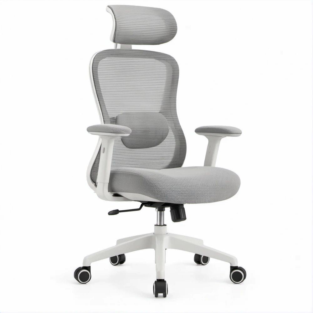Ergonomischer Bürostuhl mit Kopfstütze und Lendenstütze, Hellgrau/Weiß, 65 x 65 x 117–127 cm