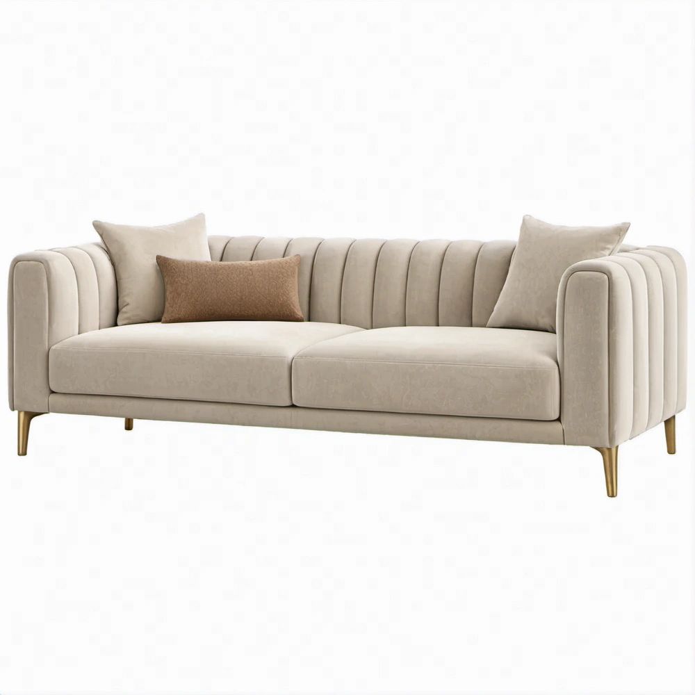 2-Sitzer-Sofa aus beigem Polyester-Samt mit goldfarbenen Füßen, 180 x 88 x 78 cm