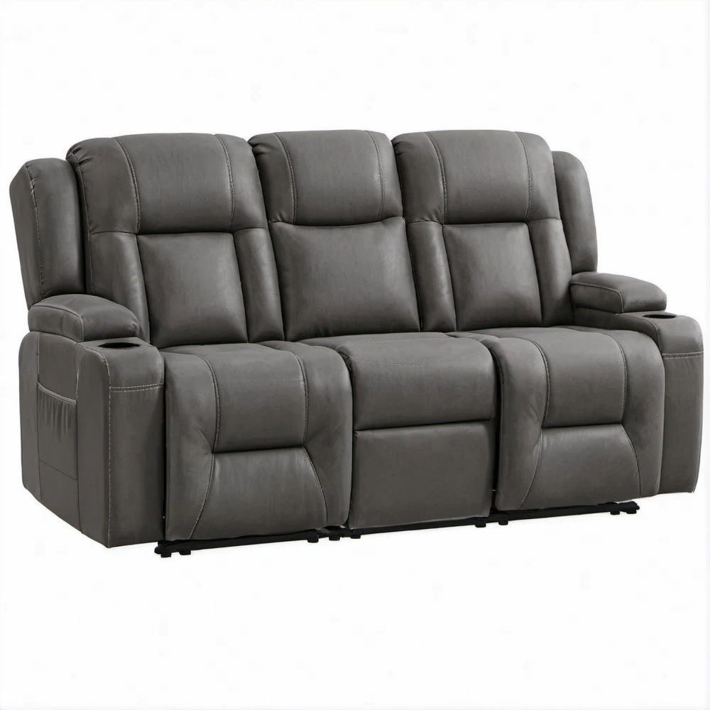 Graues 3-Sitzer-Relaxsofa mit manueller Liegefunktion, Getränkehaltern und Stauraum, 201 x 95 x 102 cm