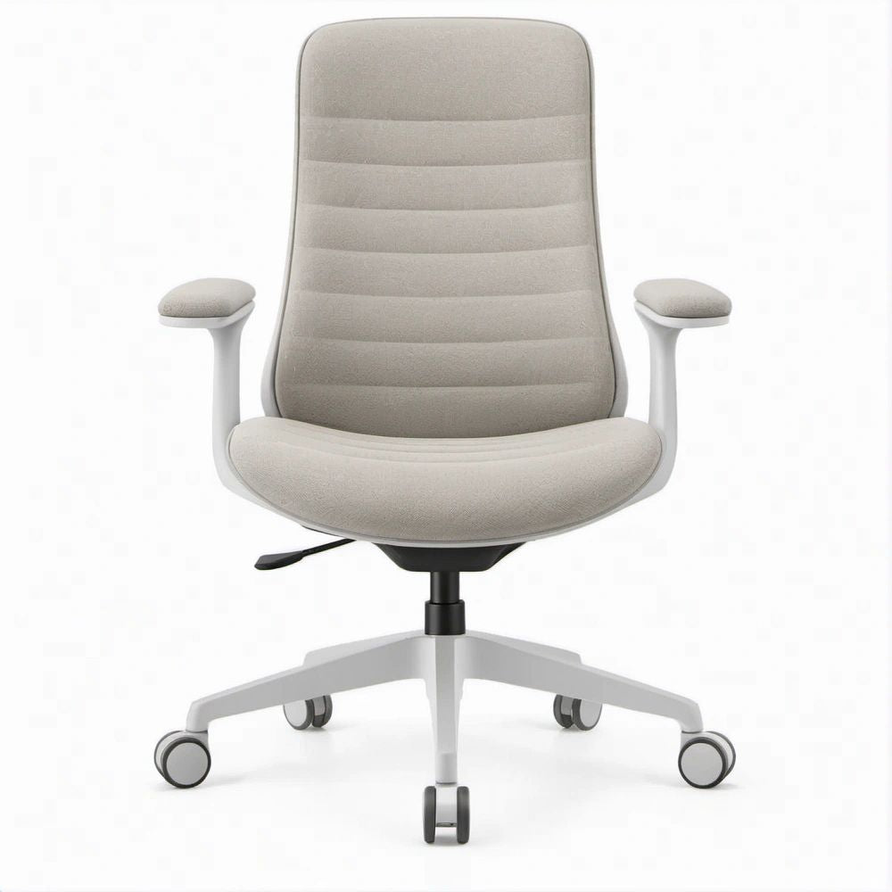 Ergonomischer Bürodrehstuhl in Hellgrau/Weiß/Schwarz mit hoher Rückenlehne, 66 x 66 x 102–112 cm