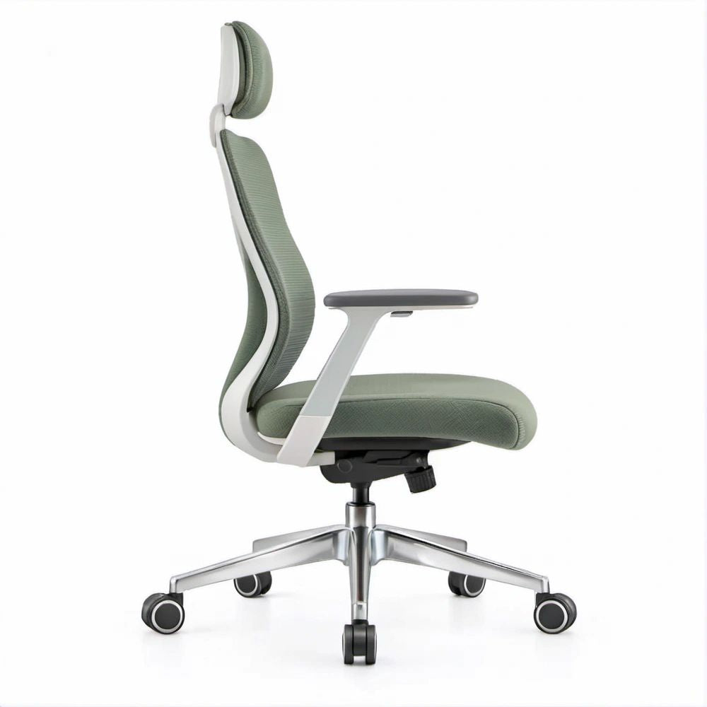 Ergonomischer Bürostuhl mit Kopfstütze, Wippfunktion und Armlehnen, Salbeigrün/Weiß/Schwarz/Silber, 65 x 65 x 116–126 cm