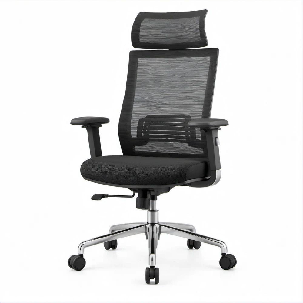 Ergonomischer Bürostuhl mit Kopfstütze, Netzrücken und Lordosenstütze, Schwarz/Silber, 66 x 66 x 120–130 cm