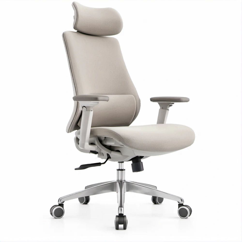 Ergonomischer Bürostuhl aus Polyester in Beige mit hoher Rückenlehne und Kopfstütze, 68 x 68 x 120–130 cm