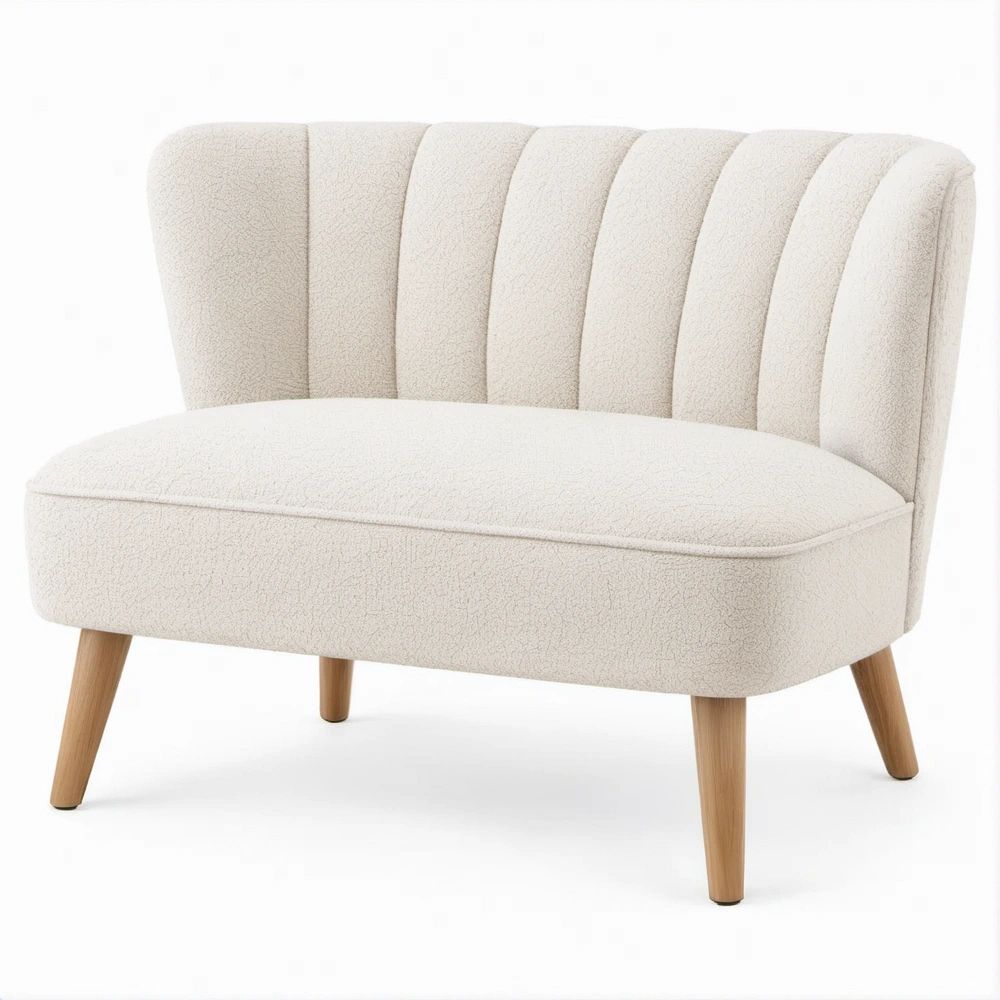 Geschwungenes 2-Sitzer-Sofa in Creme mit Bouclé-Bezug und Massivholzbeinen, 110 x 70 x 78 cm