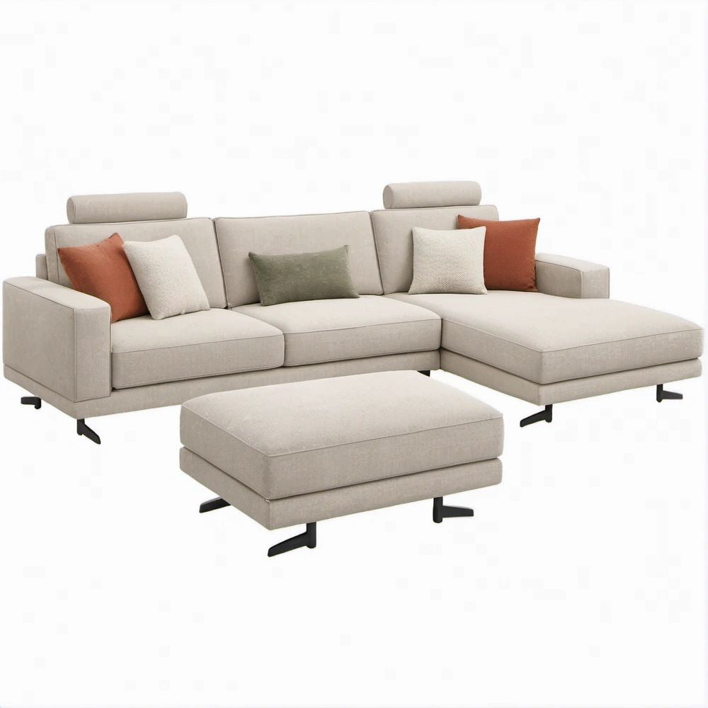 L-förmige Sitzgruppe mit Recamiere und Hocker, Beige/Schwarz, 290 x 170 x 82 cm
