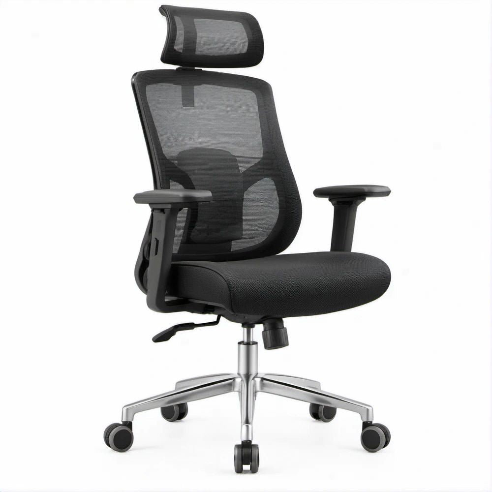 Ergonomischer Bürostuhl mit Kopfstütze, Netzrücken und Armlehnen, Schwarz/Silber, 64 x 64 x 116–126 cm