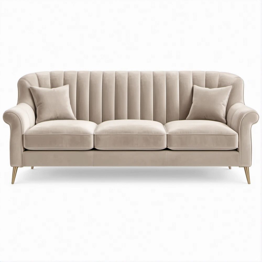 3-Sitzer Sofa aus Polyestersamt in Beige mit goldfarbenen Stahlfüßen, 220 x 90 x 85 cm